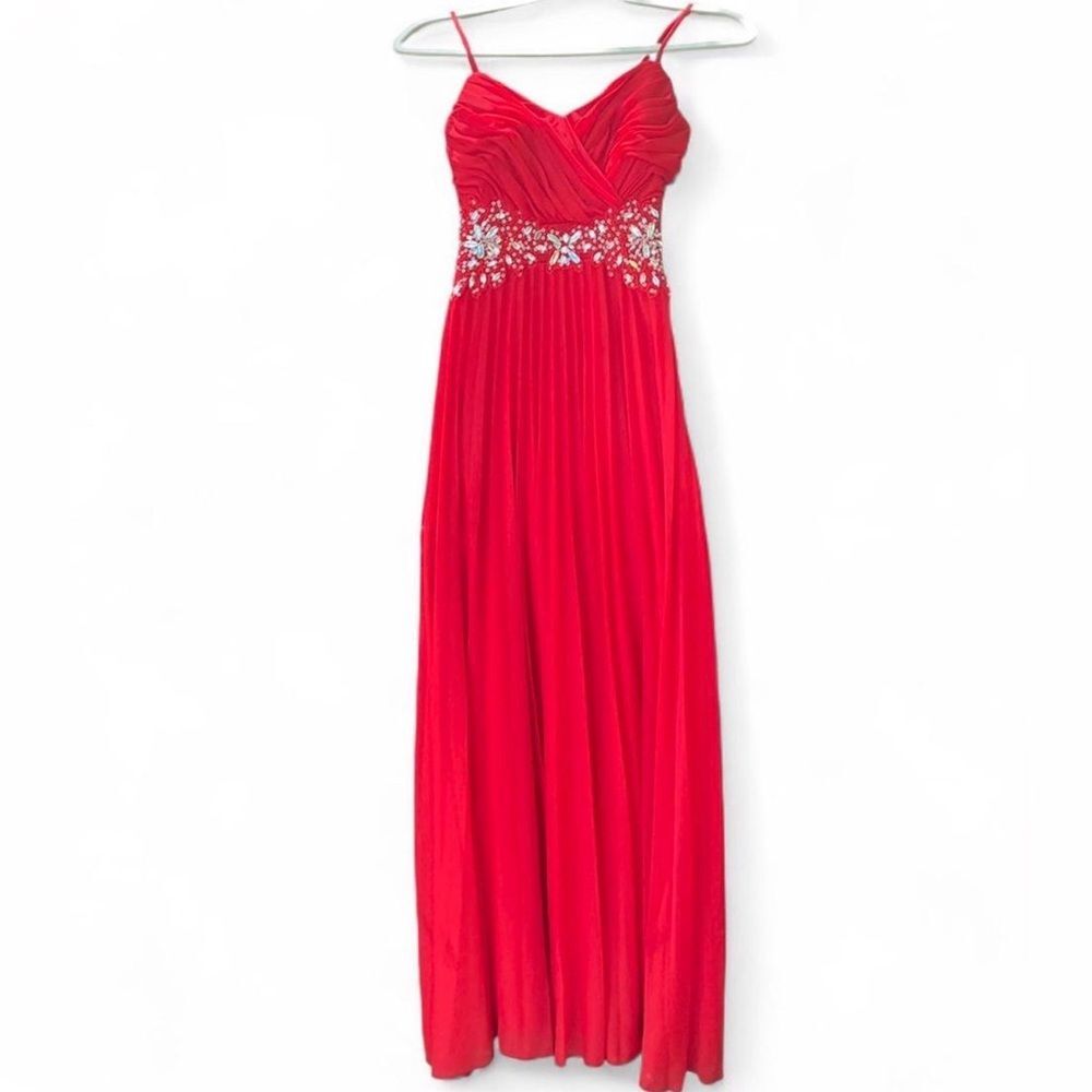 B Darlin Vibrant Red Maxi Dress with rhinestone Embellishments